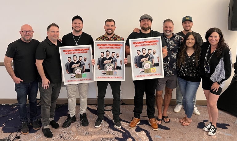 Pictured at the "God Is On The Move" Gold plaque presentation (l-r): Tyson Paoletti, senior director of marketing, BEC Recordings; Derek Bruner, First Company Management; 7eventh Time Down's Cliff Williams, Austin Miller and Mikey Howard; Brandon Ebel, president, BEC Recordings and Tooth & Nail Records; Brian Ortize, A&R, BEC Recordings; Lauren Sieh, director of promotions, BEC Recordings; and Jennifer Mouttet, Jen Mouttet Promotions.